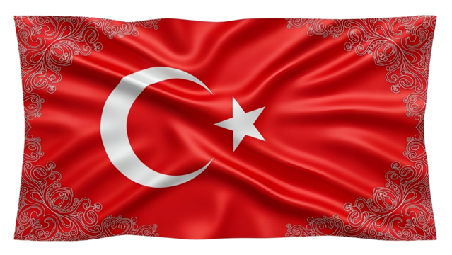 Richly decorated scarlet national banner waves dramatically against a dark background