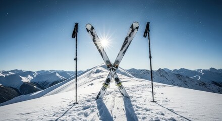 Ski equipment positioned in an X shape on a snowy mountain peak, with ski poles standing upright, surrounded by vast winter landscape and bright sun shining above