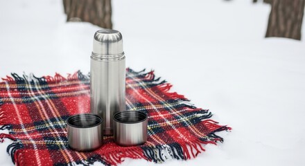 Stainless steel thermos and two cups placed on a red plaid blanket in a snowy winter landscape, evoking warmth and comfort during cold weather