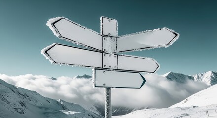 Snow-covered directional signpost stands amidst a winter landscape, surrounded by majestic mountains and clouds, symbolizing choices and adventure in a serene environment