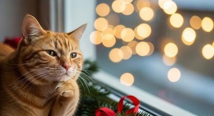 Ginger cat resting on a windowsill adorned with festive greenery, gazing thoughtfully at twinkling holiday lights, capturing the essence of winter coziness and warmth