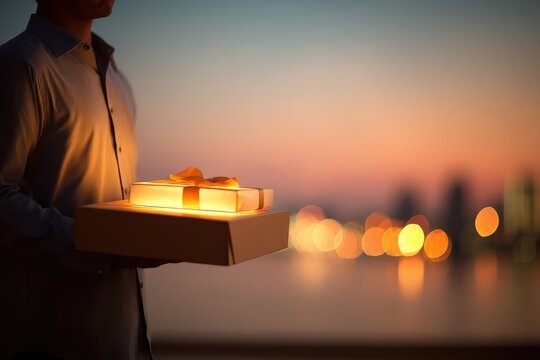 A serene evening setting, soft glowing lights illuminating a courier handing over a beautifully wrapped gift, evoking a sense of warmth and celebration