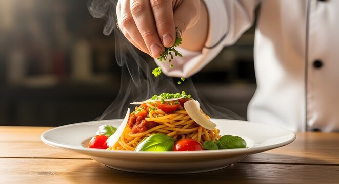 Delicious spaghetti dish preparation by chef in restaurant kitchen for food photography and marketing - Powered by Adobe