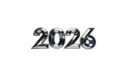 Shiny metallic digits prominently display the year 2026 against a solid black background