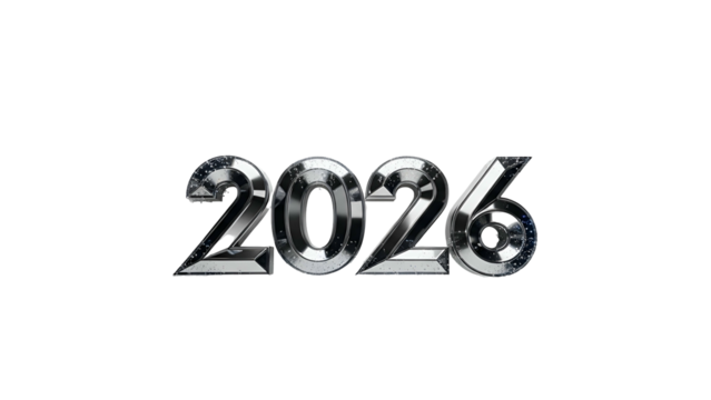 Shiny metallic digits prominently display the year 2026 against a solid black background