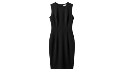 Sleeveless sheath dress in solid dark color displayed against a stark black background