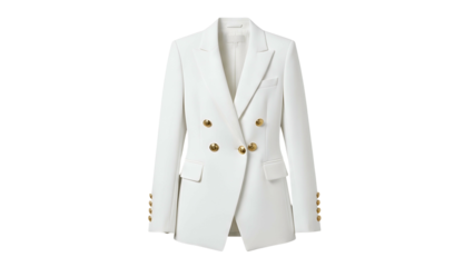 Double breasted white structured jacket with gold buttons displayed against a black background