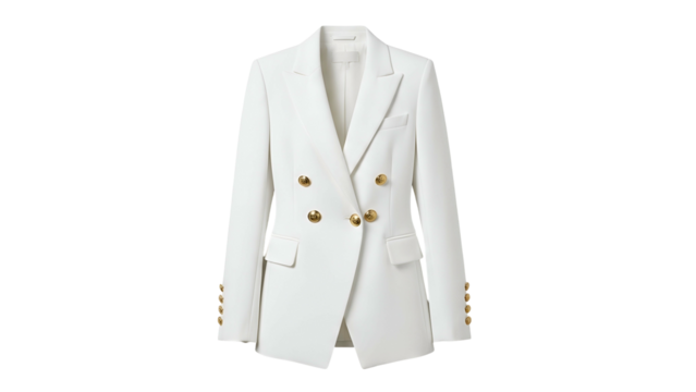 Double breasted white structured jacket with gold buttons displayed against a black background