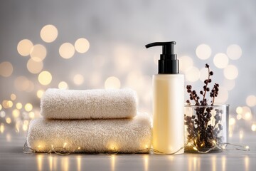 Tranquil evening setup with twinkling fairy lights, a luxurious skincare routine displayed on a plush towel, evoking a sense of relaxation and celebration