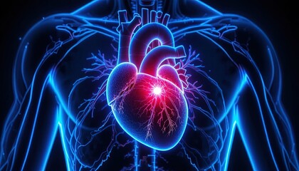 Stunning 3D rendering of a human heart with vivid blue veins pulsing, a dynamic medical illustration perfect for science and health promotions online