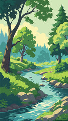 Forest stream with lush greenery and sunlight