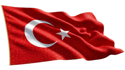 Waving national banner featuring a white crescent moon and star against a solid dark background