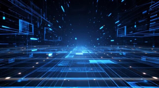 Dynamic digital data stream visualizing futuristic technology and global network connections in a vibrant blue lightscape - Powered by Adobe