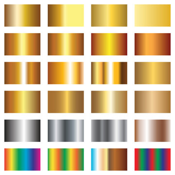 Premium gold and metallic gradient palette set, shiny color swatch collection vector, luxury metal tone design elements for graphic resources