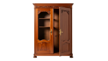 Ornate wooden display cabinet with one door open stands against a dark background