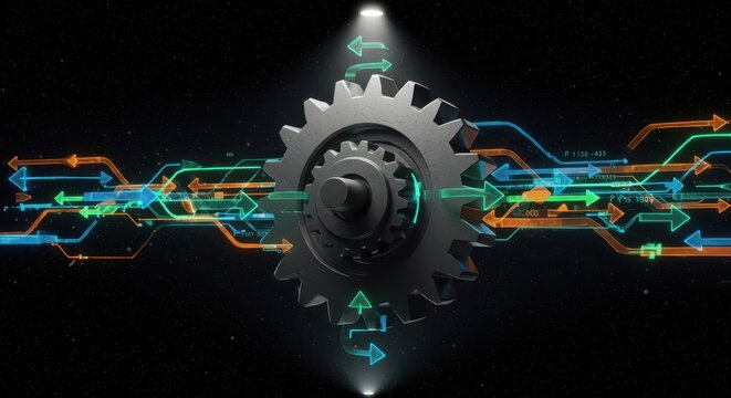 Metallic gear mechanism processes complex digital information flow against a dark background