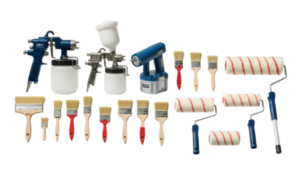 Assortment of various painting and coating application tools displayed against a dark background
