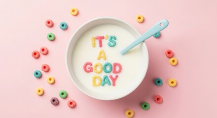 Colorful cereal o s spell it s a good day in milk