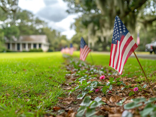 A Collection of Small American Flags on Green Lawn