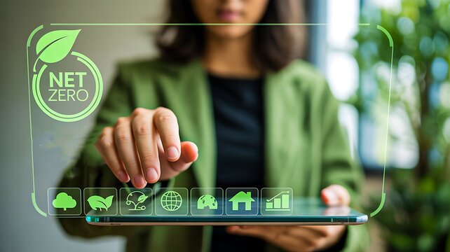Digital net zero concept with woman using virtual eco interface for sustainability
