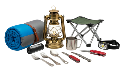Assortment of essential equipment for outdoor adventure and wilderness survival displayed against a dark background
