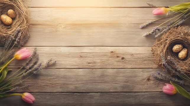 Rustic easter nest background with eggs tulips and dried flowers on wood