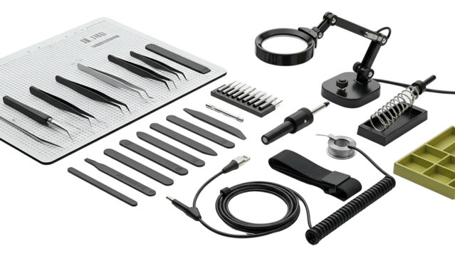 Precision electronic repair instruments and accessories are neatly arranged on a dark background