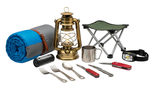 Assortment of essential equipment for outdoor adventure and wilderness survival displayed against a dark background