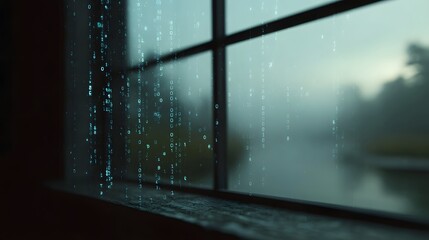 Digital binary code streams like rain through a window pane obscuring a foggy atmospheric landscape outside