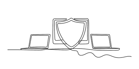 Naklejka premium Continuous line drawing: two laptops connected with a central shield icon, symbolizing robust network security, data protection, and digital safety. Vector