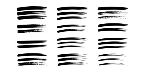 Collection of hand-drawn black ink brush strokes, textured artistic marks for underline, highlight, and creative graphic design element. Vector
