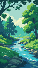 Forest stream with rocks and lush green foliage