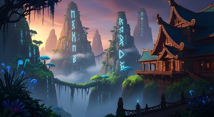 A mystical cliffside kingdom with glowing accents, towering rock formations, and warm atmospheric lighting in a fantasy environment.