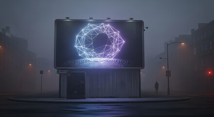 A large outdoor digital billboard displaying a glowing geometric shape with interconnected lines and nodes in a foggy urban environment at night