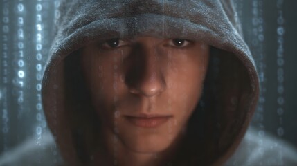 A hooded person with a serious expression gazes forward surrounded by falling binary code in a dark futuristic setting
