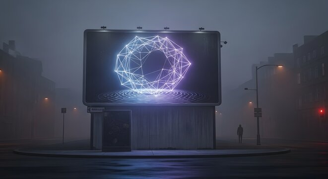 A large outdoor digital billboard displaying a glowing geometric shape with interconnected lines and nodes in a foggy urban environment at night