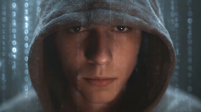 A hooded person with a serious expression gazes forward surrounded by falling binary code in a dark futuristic setting