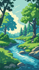 Forest stream with rocks and trees