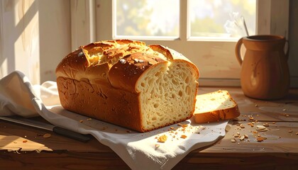 Freshly Baked Loaf of Bread on a Rustic Wooden Table by a Sunny Window.