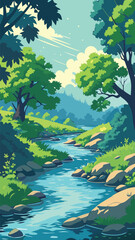 Fototapeta premium Forest stream landscape with mountains and lush greenery