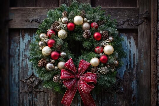 Festive christmas wreath adorned with red and gold ornaments and a large red bow hangs on a rustic wooden door