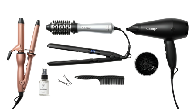 Assortment of modern hair styling tools and accessories displayed against a solid dark background