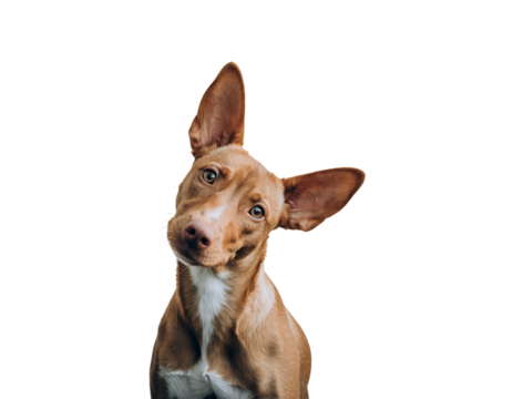 Curious brown dog tilts head, expressive eyes and alert ears isolated on transparent background