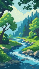 Forest stream with rocks and trees
