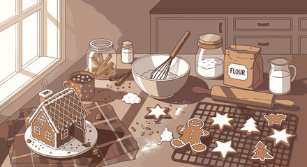 A cozy kitchen scene with a gingerbread house, cookies, and baking ingredients on a table by a window.