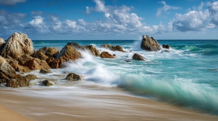 Long exposure of powerful turquoise ocean waves crashing on rugged rocks and sandy beach under a cloudy blue sky.
