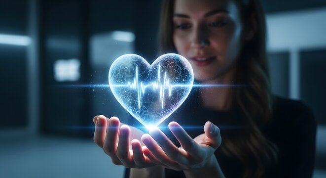 Woman holding digital heart with heartbeat line for healthcare and medical technology concept design