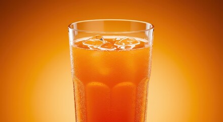 Chilled orange beverage with ice cubes fills a tall glass against a warm background