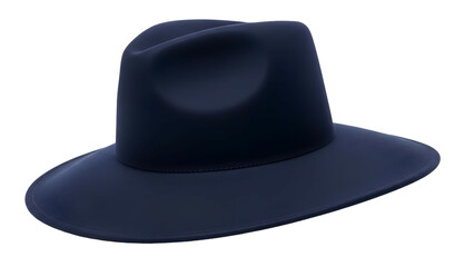 Dark blue fedora style hat sits isolated against a deep black background