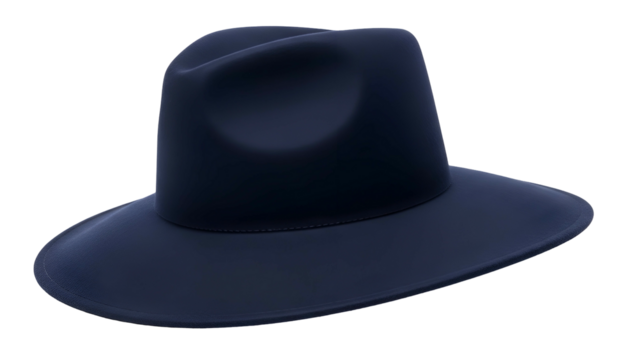 Dark blue fedora style hat sits isolated against a deep black background